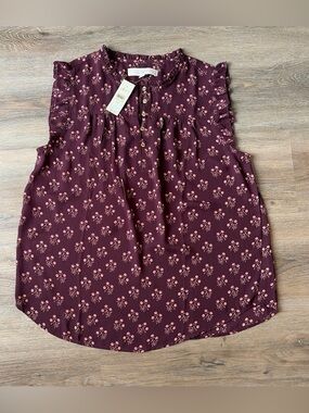 LOFT Burgundy Floral Ruffle Sleeveless Blouse
